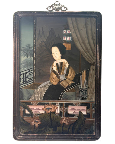 Chinese Reverse Painting Woman in Contemplation
