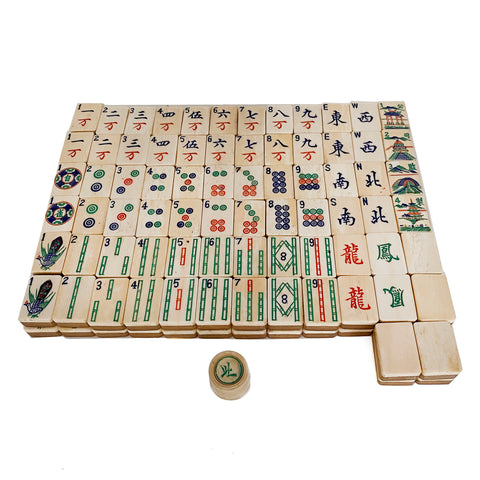Mahjong set, Bamboo and bone tiles in a wooden box,c 1920